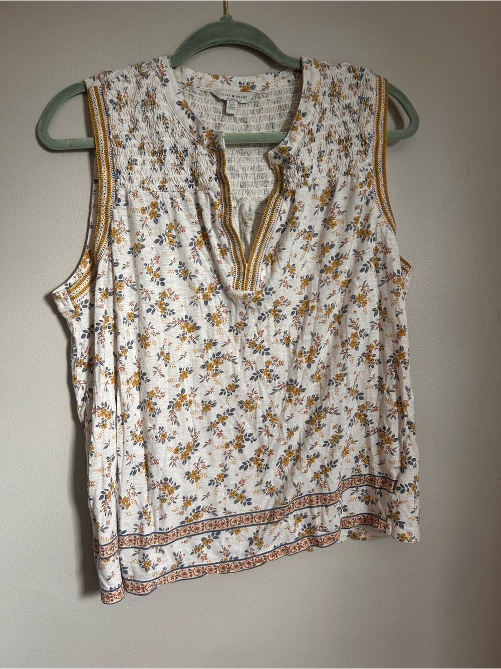 Lucky Brand White Floral Sleeveless Smocked Tank with Mustard Trim